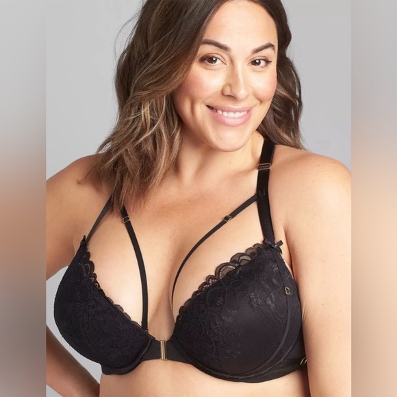 Cacique Shimmer Black Lace Strappy Front-Close Boost Plunge Bra Sz 44DD - Picture 3 of 15